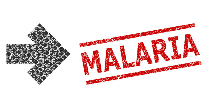 Fractal collage arrow right and Malaria scratched stamp seal. Vector mosaic is composed of random arrow right elements. Stamp seal includes Malaria title between parallel lines.