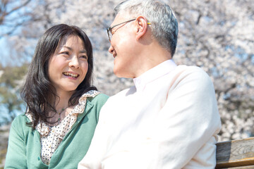 Fototapeta premium ベンチに座り花見をするミドル夫婦