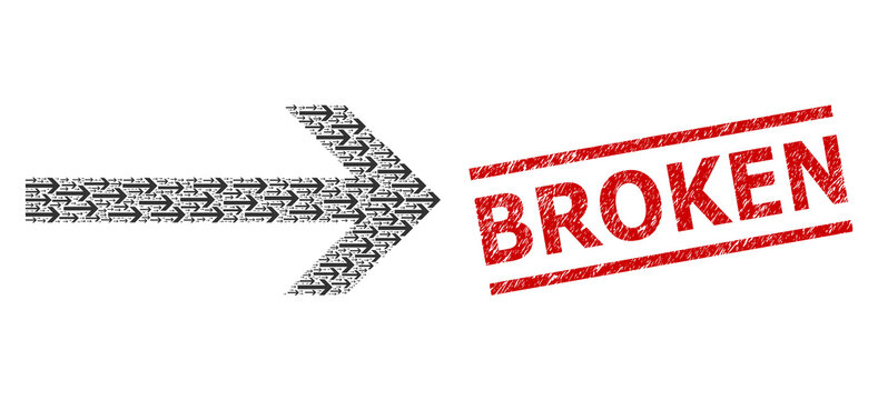 Recursive collage arrow right and Broken grunge stamp seal. Vector collage is created with random arrow right items. Stamp seal includes Broken tag between parallel lines.