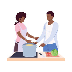 young couple cooking with apron, a pot, and kitchen utensils
