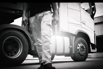 A truck driver walking with semi truck on parking at the warehouse. Road freight transportation.
