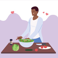 young man in love preparing healthy food