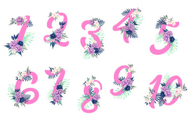 Flower ornate numbers. Elegant blossom number, floral sprigs date and numeric monogram. Leaf filigree ornamental numbers character. Vector illustration isolated symbols set