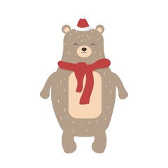 Cute, stylish Bear in scarf and hat in Scandinavian style isolated on white background. Christmas character for greeting.