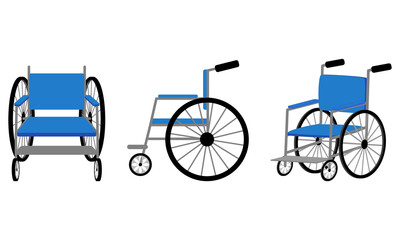 Fototapeta na wymiar 車椅子のイラスト（正面、横、斜め）／Wheelchair illustration (front, side, diagonal)