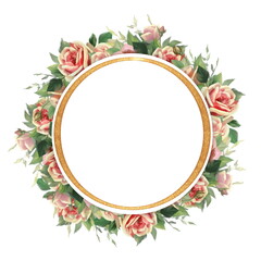 Gold round frame with rose flowers and leaves isolated on white