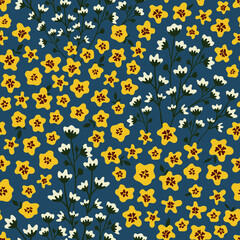 Pattern Flowers and Leaves on blue