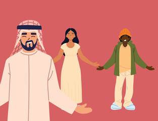 arabish man in front of indian woman and black man cartoons vector design