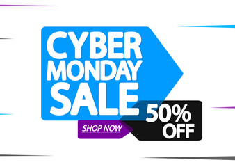 Cyber Monday Sale 50% off, poster design template, clearance season offer, vector illustration