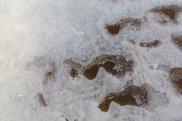 Hoarfrost and fresh powder snow in winter, on a wild, beautiful, river bank
