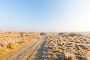 Fresh powder snow covering a windy country road, in winter