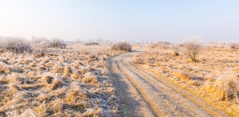 Fresh powder snow covering a windy country road, in winter
