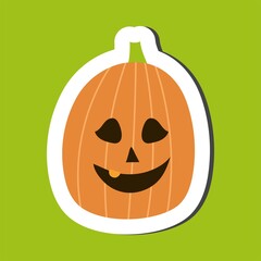 Cute Halloween sticker of scarry day symbol. Funny cartoon pumpkin is on orange background. Element of Halloween. Thick white stroke and black shadow.