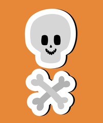 Cute Halloween sticker of scary day symbol. Funny cartoon a smiling skull and crossbones on an orange background. Element of Halloween. 
