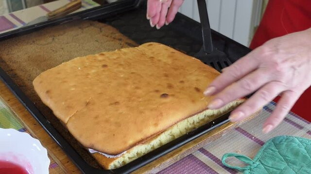 Simple food, pie making. A woman joins two cut halves of a pie to give the final shape. Close up. Siberia.