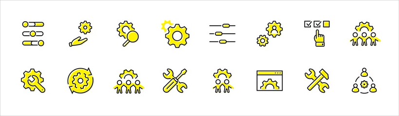 Set of Settings and Setup Vector Line Icons. Contains such Icons as Gear, Setting, Control, Iinstall, Options, Service, and more. Editable Stroke. 32x32 Pixels.