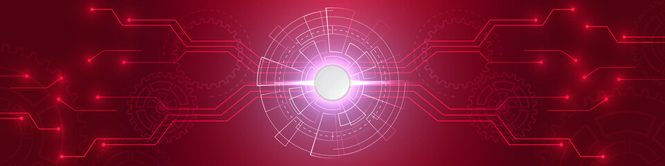 Red technology background with various technological elements. The concept of innovative high-tech communications. Digital technology and engineering.