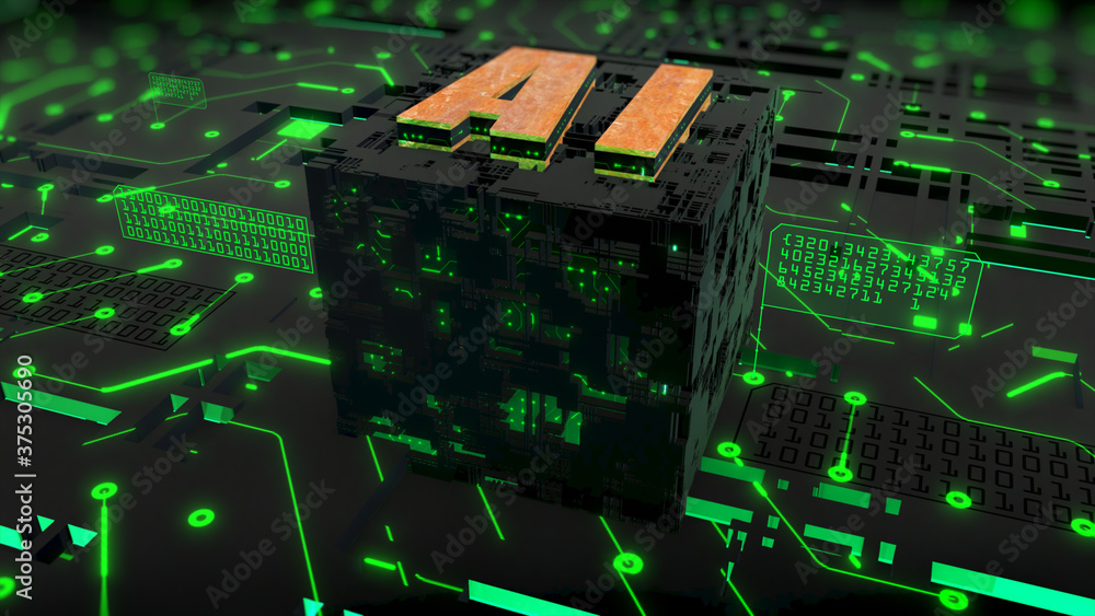 Poster 3d render digital of ai (artificial intelligence) over circuit background, high-speed connection dat
