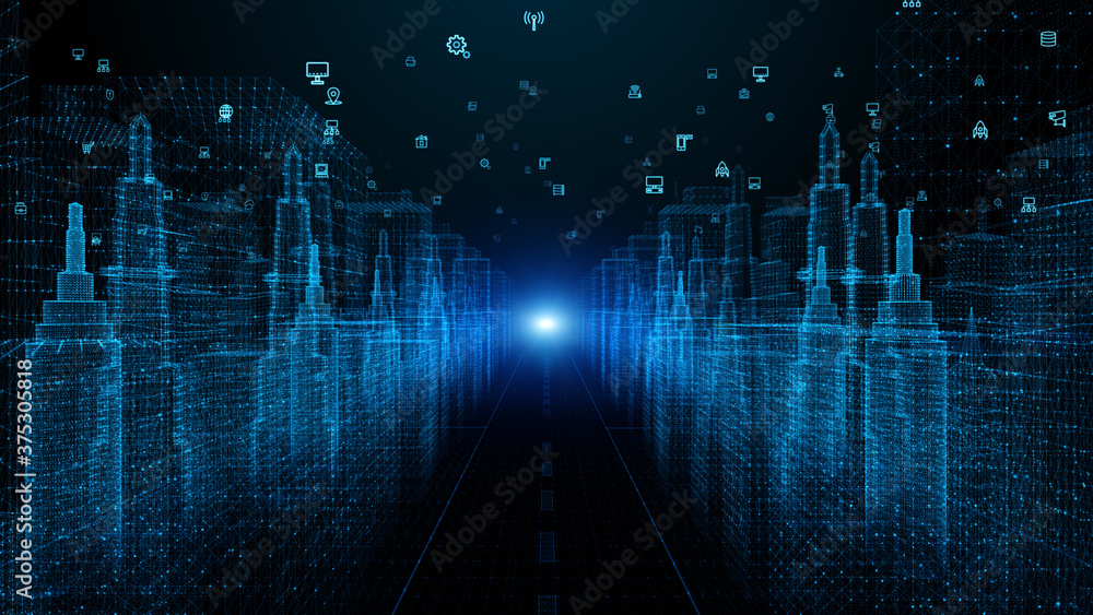 Poster digital city digital cyberspace with particles and digital data network connections, 5g high-speed c