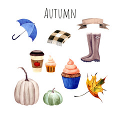Set autumn elements: rubber boots, umbrella, leaf, pumpkin, cupcake. Watercolor illustration