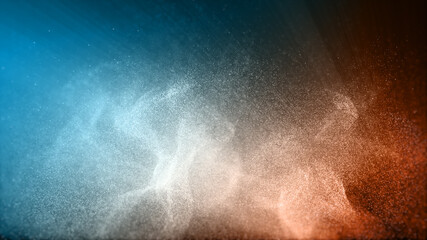 Abstract blue and orange color digital particles wave flow with dust background.