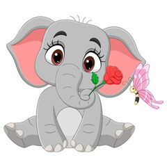 Cute baby elephant sitting with flowers and butterfly
