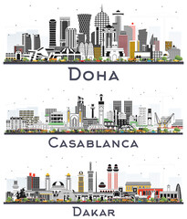 Dakar Senegal, Casablanca Morocco and Doha Qatar City Skylines with Color Buildings Isolated on White.