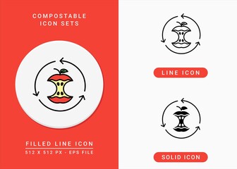 Compostable icons set vector illustration with solid icon line style. Bio decompose concept. Editable stroke icon on isolated background for web design, infographic and UI mobile app.