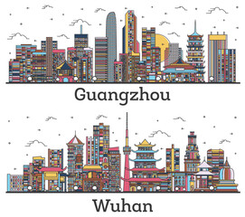 Outline Wuhan and Guangzhou China City Skylines with Color Buildings Isolated on White.