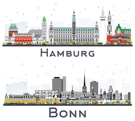 Bonn and Hamburg Germany City Skylines with Gray Buildings Isolated on White.