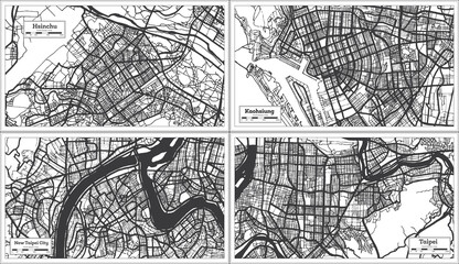 Kaohsiung, Hsinchu, New Taipei City and Taipei Taiwan Indonesia City Map in Black and White Color.