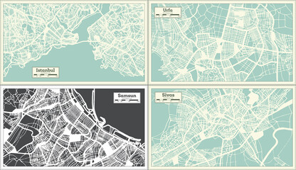 Samsun, Urfa, Sivas and Istanbul Turkey City Maps in Retro Style.