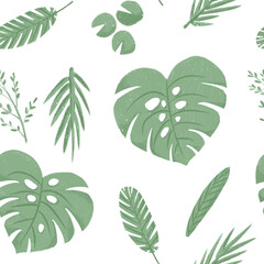 Tropical botanical illustration isolated on the white background. Monstera leaf and palm branches.