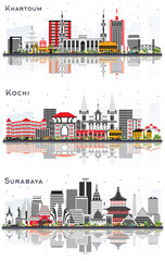 Khartoum Sudan, Surabaya Indonesia and Kochi India City Skylines with Color Buildings and Reflections Isolated on White.