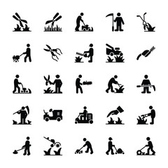 Workers Cutting Grass Icons Pack
