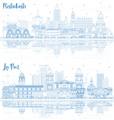 Fototapeta premium Outline La Paz Bolivia and Rishikesh India City Skylines with Blue Buildings and Reflections.