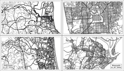 Gold Coast, Adelaide, Newcastle and Sunshine Coast Australia City Maps in Black and White Color.