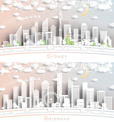 Sydney and Brisbane Australia City Skyline Set in Paper Cut Style with Snowflakes, Moon and Neon Garland.