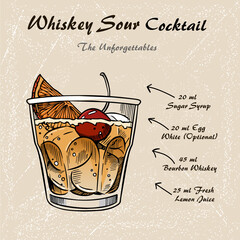 Whiskey sour cocktail recipe vector illustration sketch 2