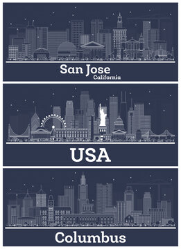 Outline USA, Columbus Ohio and San Jose California City Skylines with White Buildings.