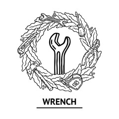 Old school builder vector illustration with wrench with outline and geometric diverging beams in classic black and white retro style