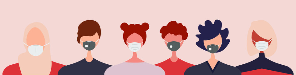Group of people wearing medical masks to prevent disease, flu, air pollution. Coronavirus. Vector illustration in a flat style.
