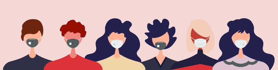 Group of people wearing medical masks to prevent disease, flu, air pollution. Coronavirus. Vector illustration in a flat style.