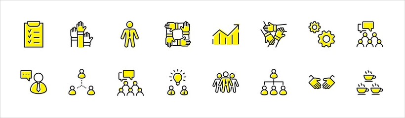 Set of Team Work Related Vector Line Icons. Contains such Icons as Handshake, Check, Idea, Coffee, Gears, Cooperation, Collaboration, Team Meeting and more. Editable Stroke. 32x32 Pixel Perfect