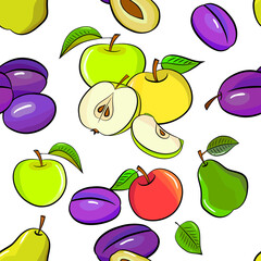 Fruit seamless pattern with apples, pears, plumes and leaves. Hand drawn colourful sketch. Vector illustration on white.