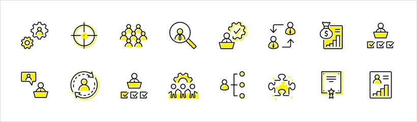 Set of People Management Related Vector Line Icons. Contains such Icons as Target, Puzzle, Certificate, Personal data processing, Task Manager, Qualification, Head Hunting and more. Editable Stroke