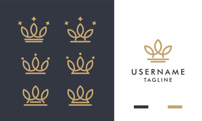 Set of royal gold crowns icon and logo design with line art style