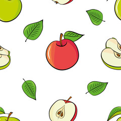 Fruit seamless pattern with apples and leaves. Hand drawn colourful sketch. Vector illustration on white.