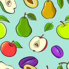 Fruit seamless pattern with apples, pears, plumes and leaves. Hand drawn colourful sketch. Vector illustration on white.