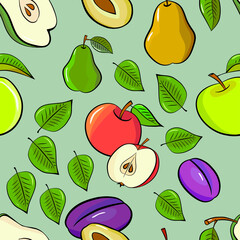 Fruit seamless pattern with apples, pears, plumes and leaves. Hand drawn colourful sketch. Vector illustration on white.